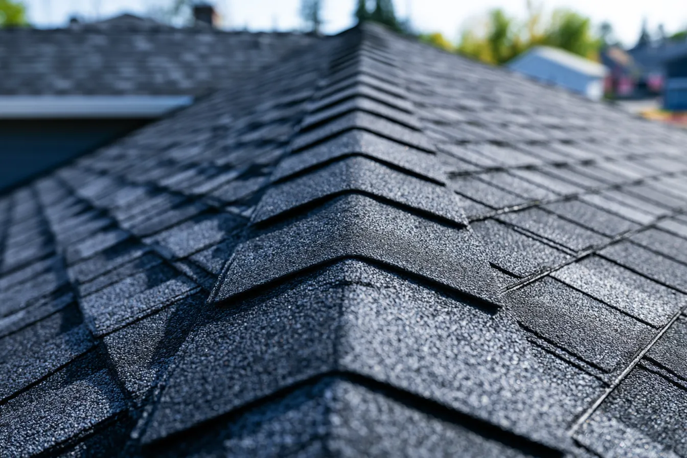 Dark shingle courses meeting at a hip ridge from a low angle