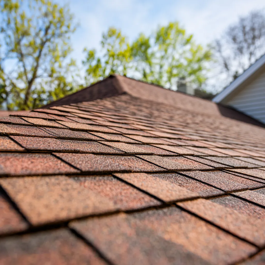 Roof peak with reddish brown asphalt shingles rising toward it