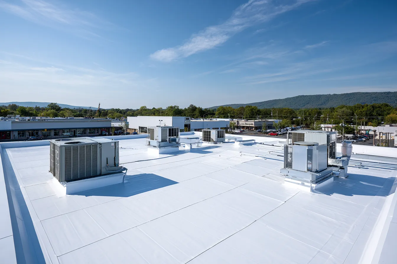 Rooftop HVAC units on a white flat roof membrane beneath clear sky