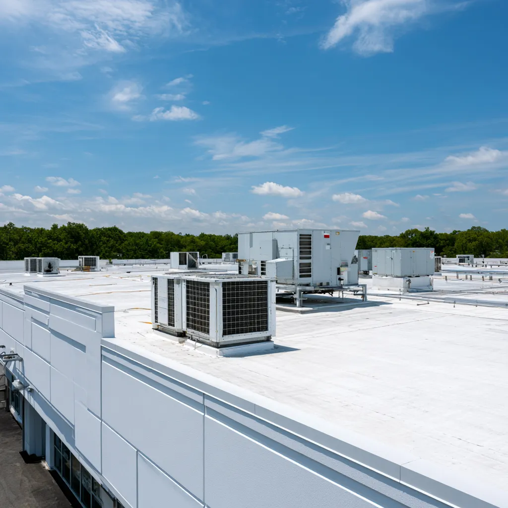 HVAC units in rows spanning a large white commercial roof