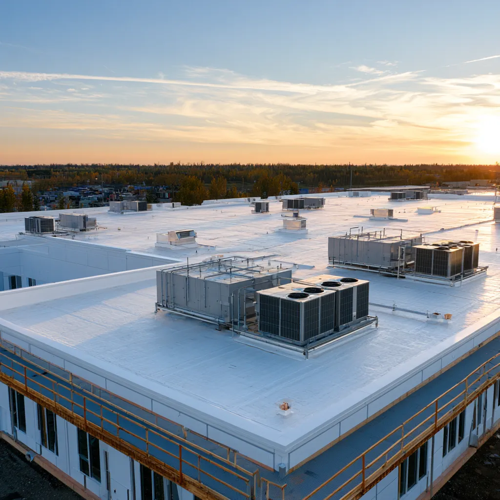 Rooftop HVAC equipment on a white commercial roof at sunset