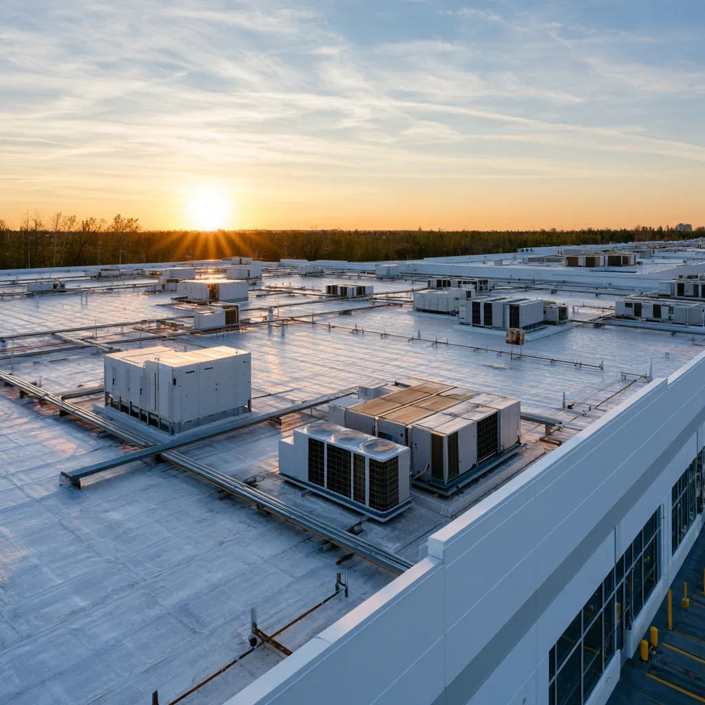 Broad white commercial roof with mechanical units under a low sun