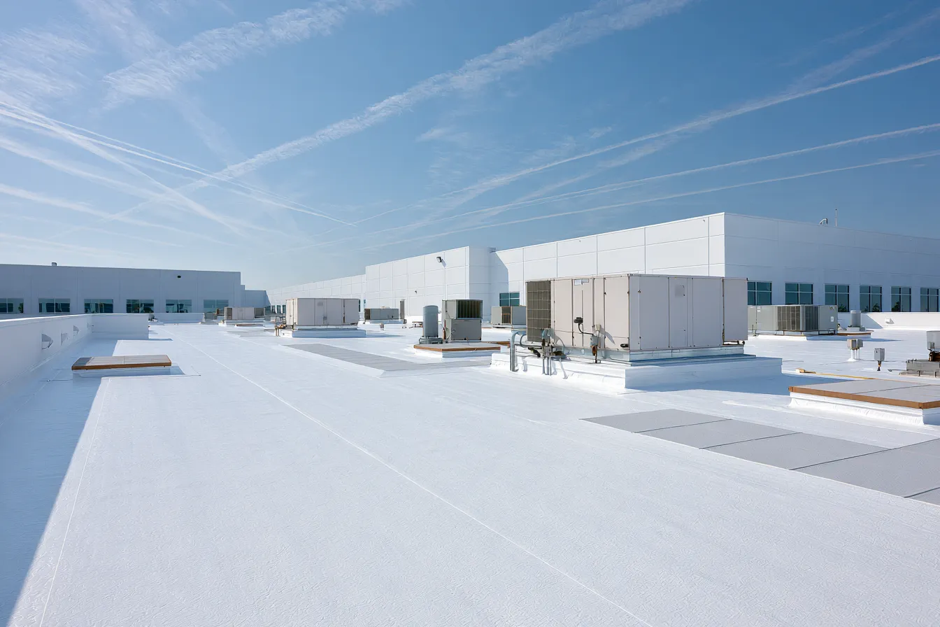 A long commercial building beside a white flat roof with clustered HVAC units