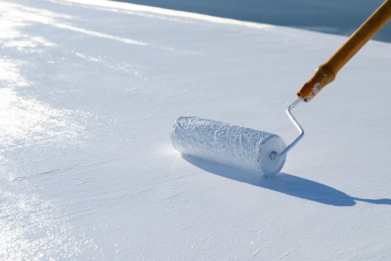 White roof coating being spread with a paint roller in close-up