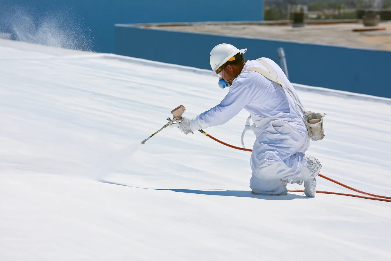 A coated worker applies spray roof coating across a white rooftop