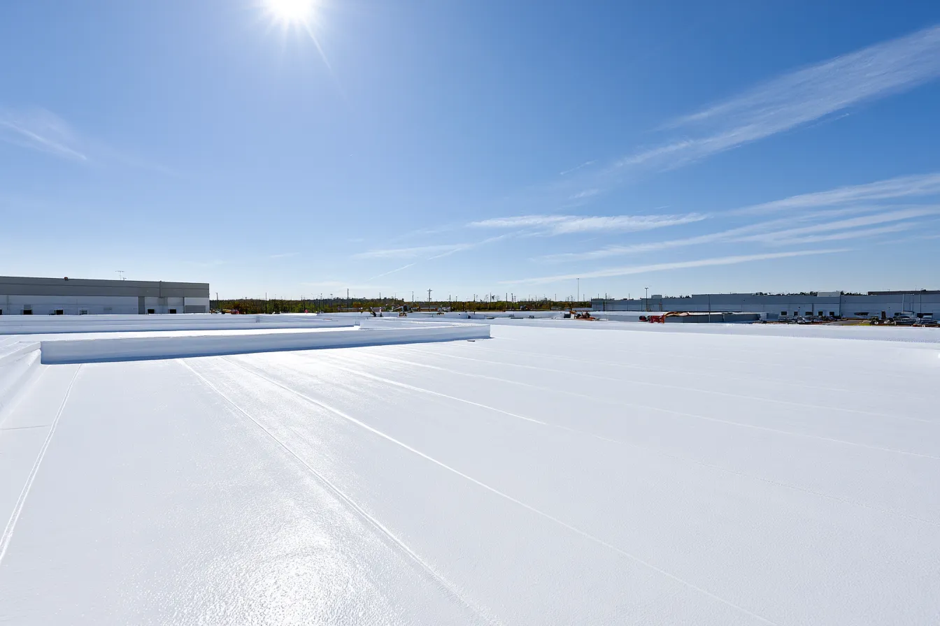 Bright sky over a wide white coated flat roof with buildings in the distance