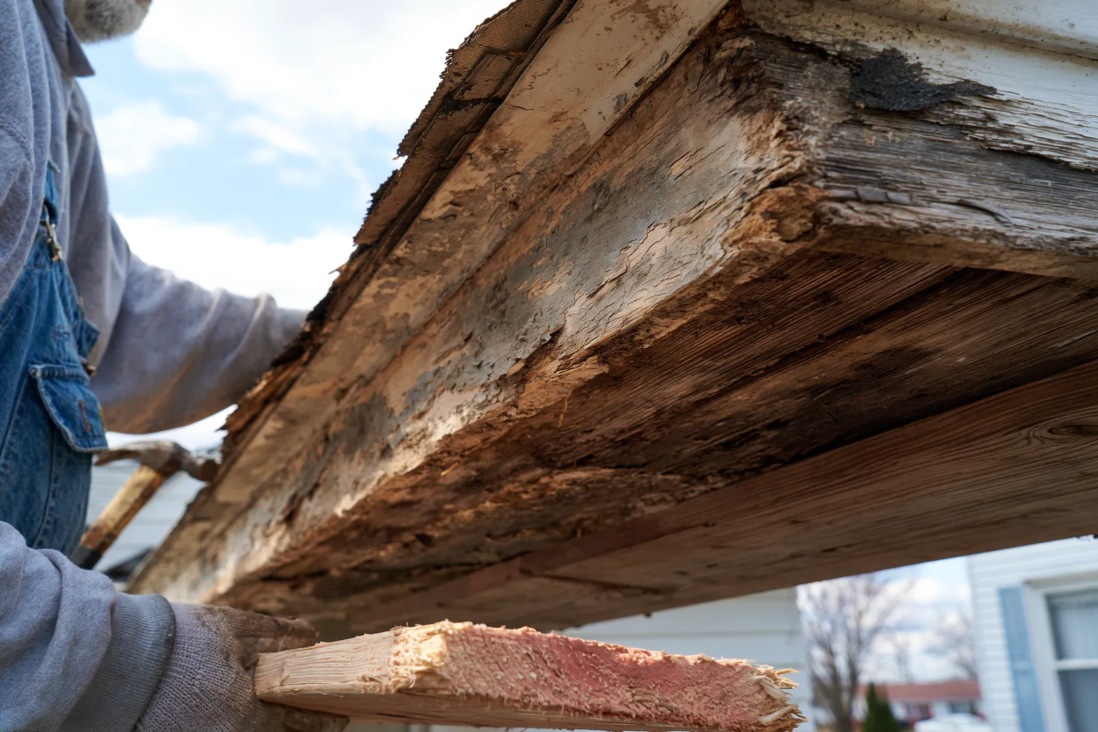 A hammer held by a gloved hand next to a rotted fascia board on a roofline