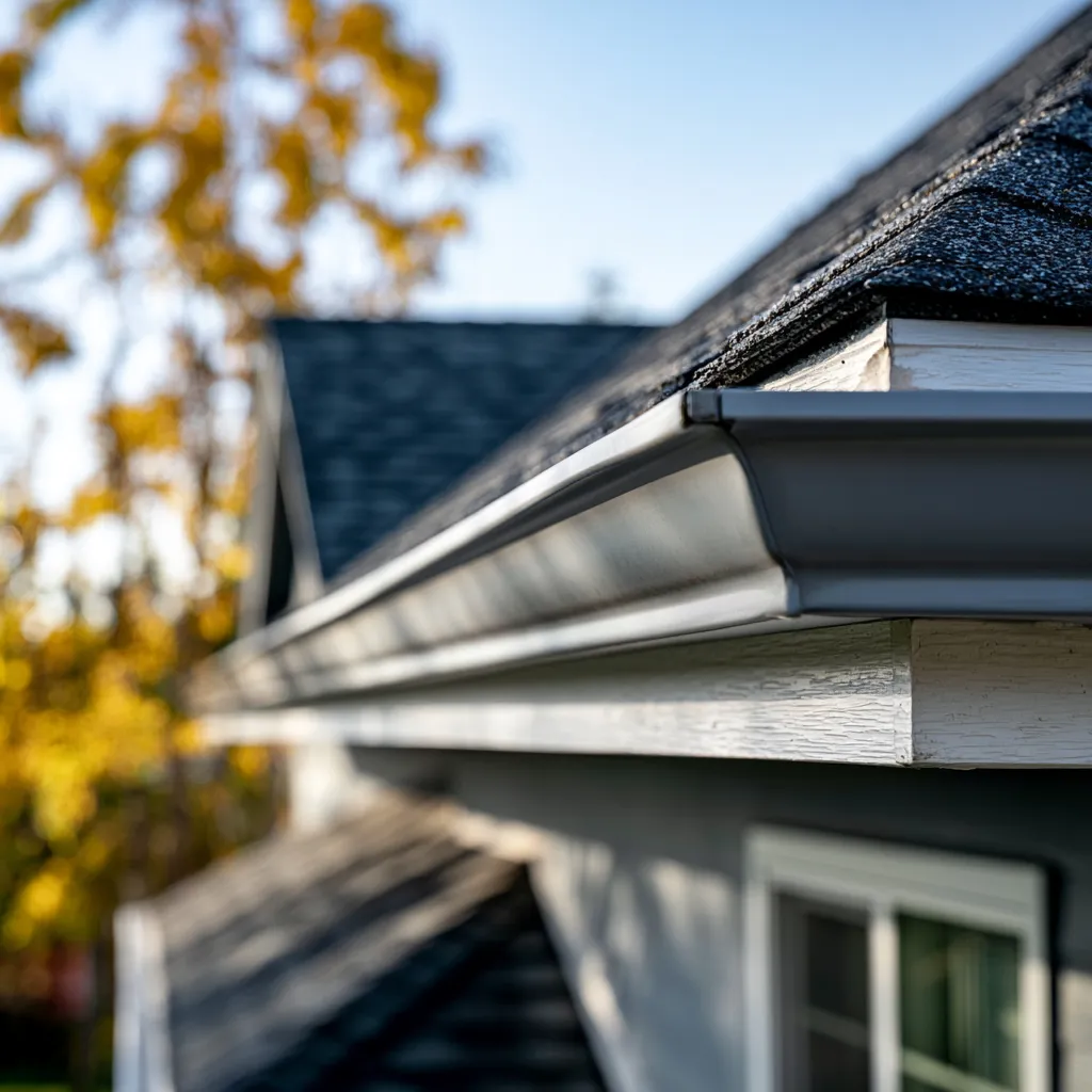 K style gutter on an eave backed by autumn trees