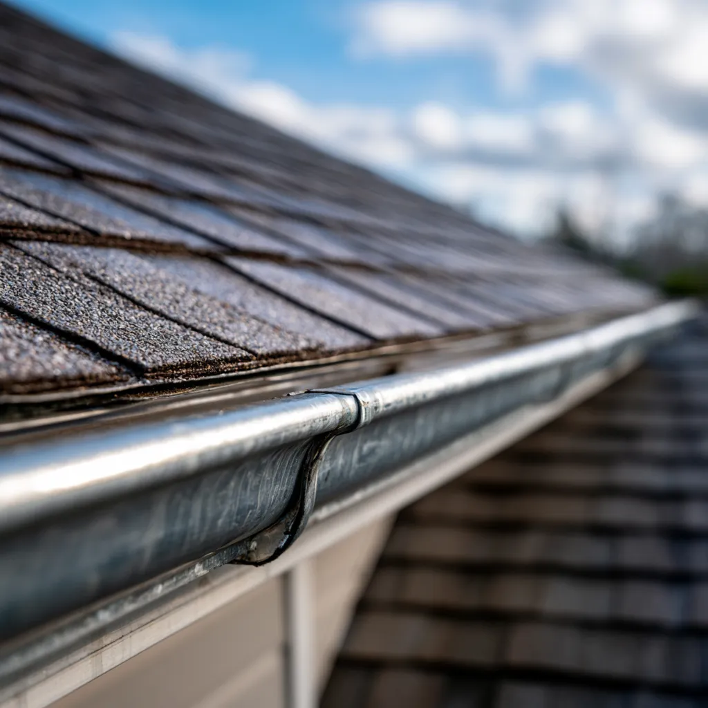 Half round metal gutter below a shingle roof edge