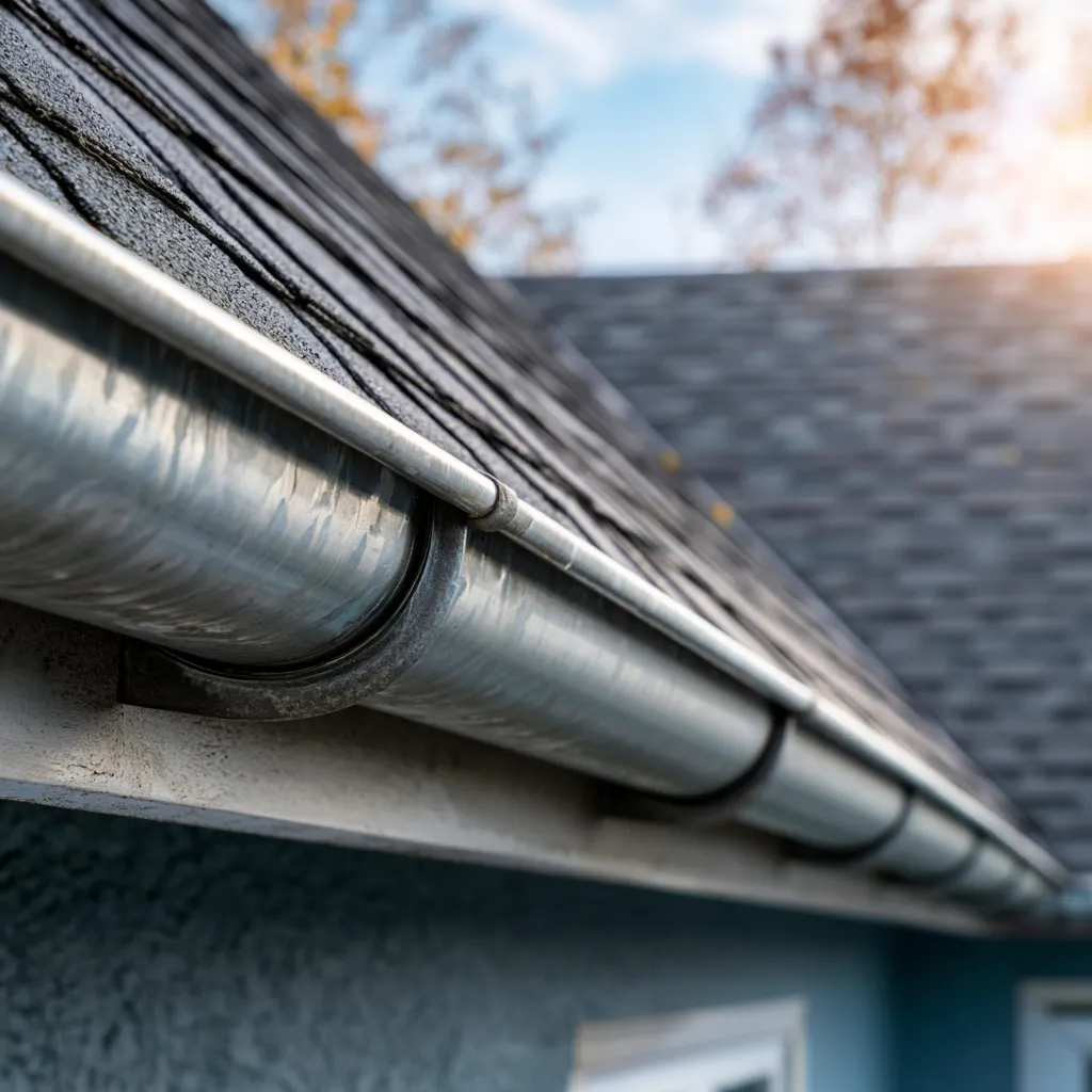 Half round galvanized gutter mounted along the eave of a shingle roof