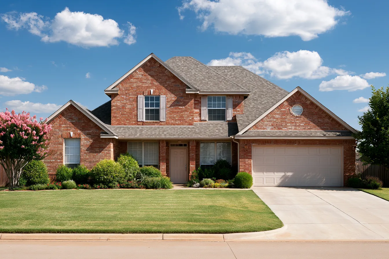 Two-story red brick house with a gray architectural shingle roof