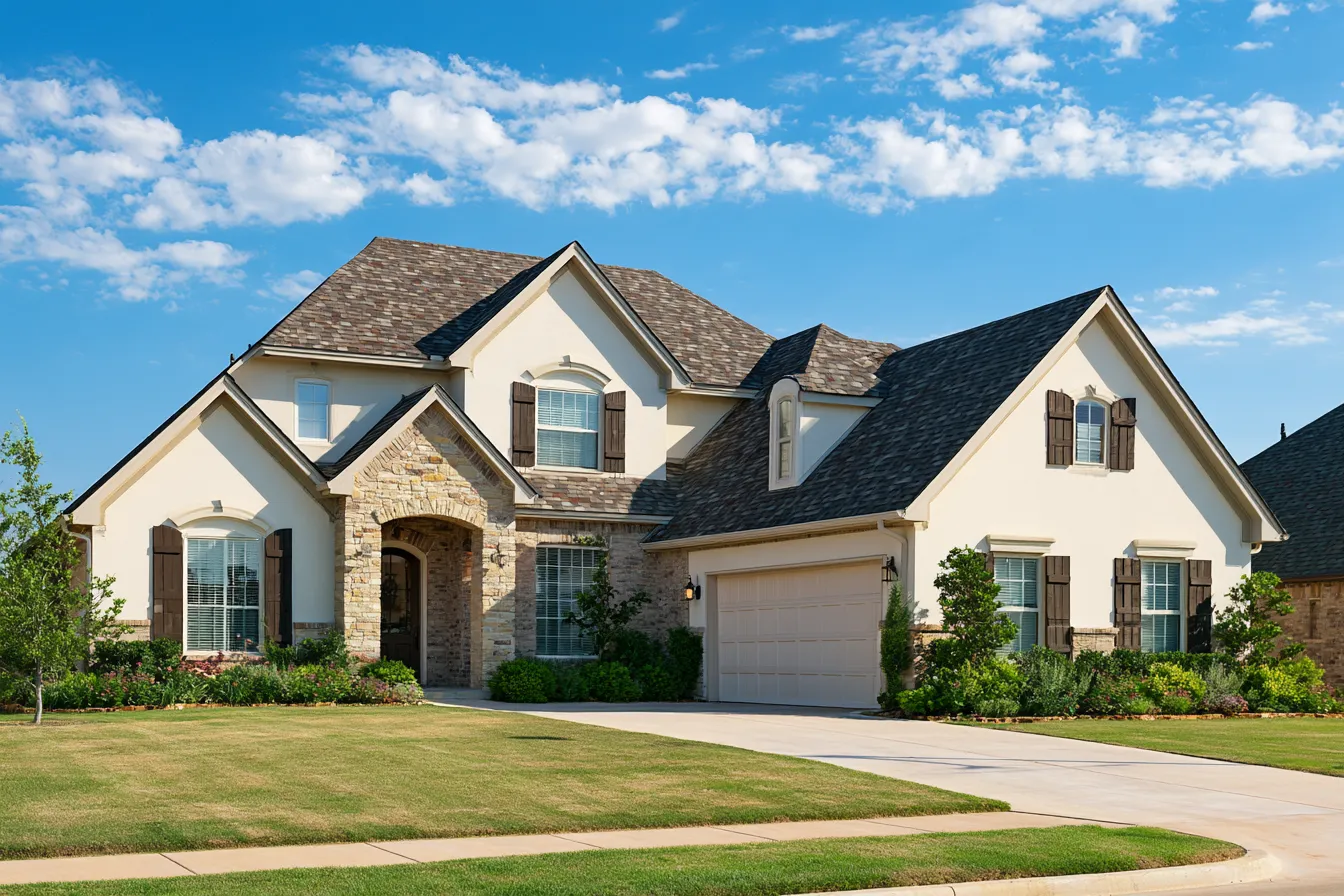 Home of cream stucco and stone under a blended brown shingle roof