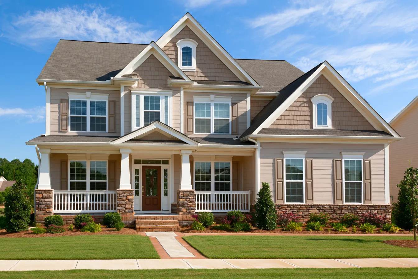 Tan two-story home with stone porch columns and brown shingle roof