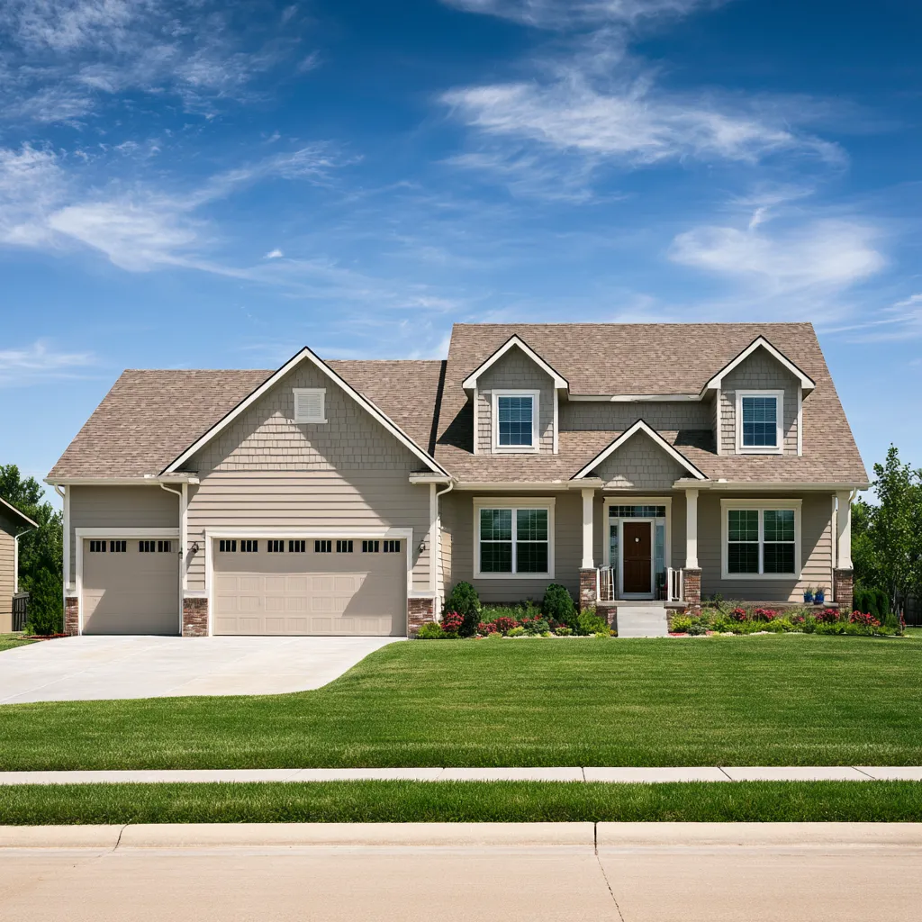 Shake gabled two-story home beneath a brown architectural shingle roof