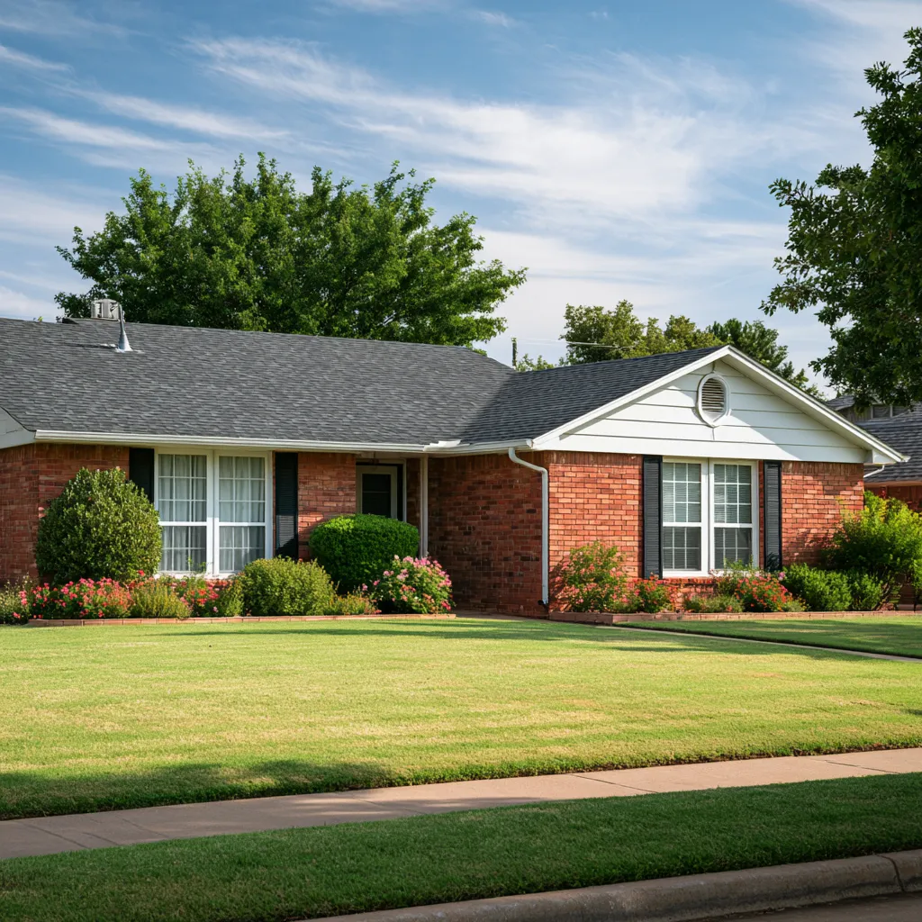 Black shuttered red brick ranch under a dark gray shingle roof