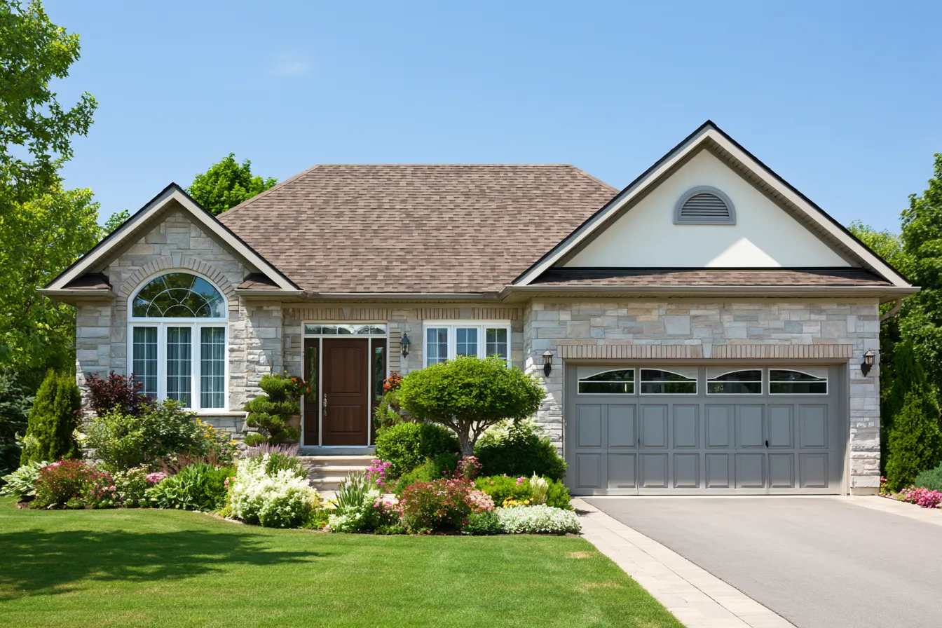 Lush flower beds fronting a stone bungalow under a brown asphalt shingle roof