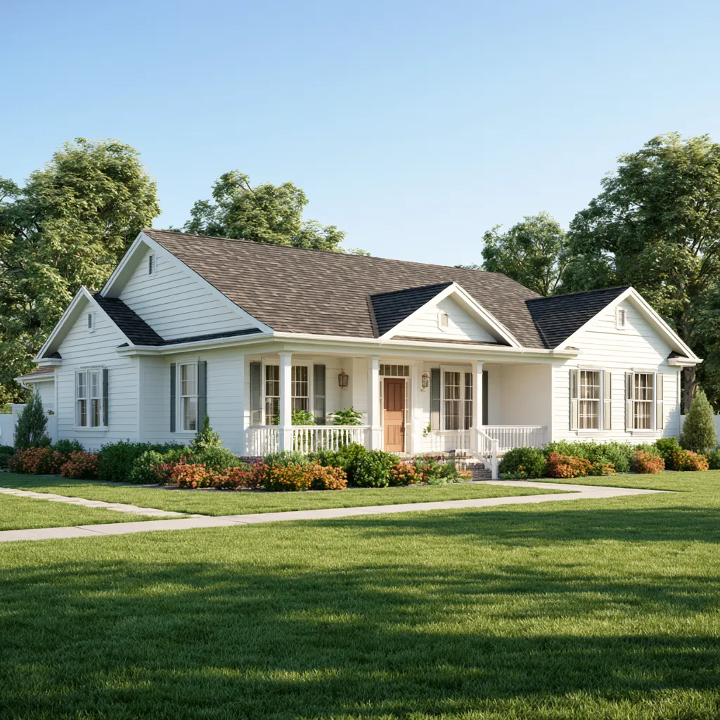 White ranch home with a covered porch and brown shingle roof