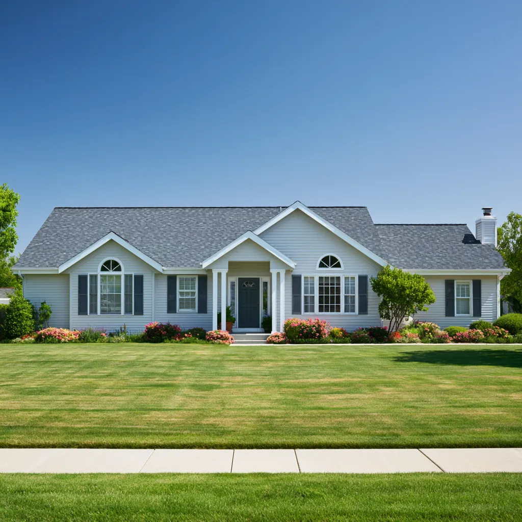 Single-story home with gray asphalt shingle roof and wide front lawn