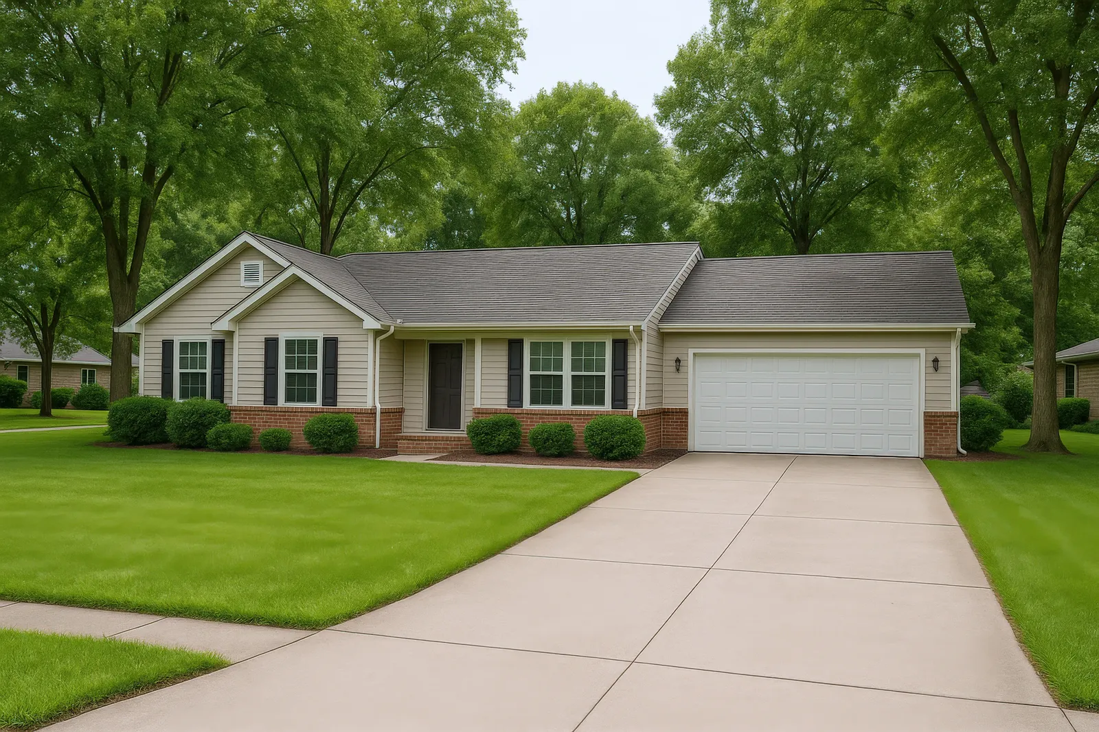 Gray shingle roof and brick accents on a beige ranch home