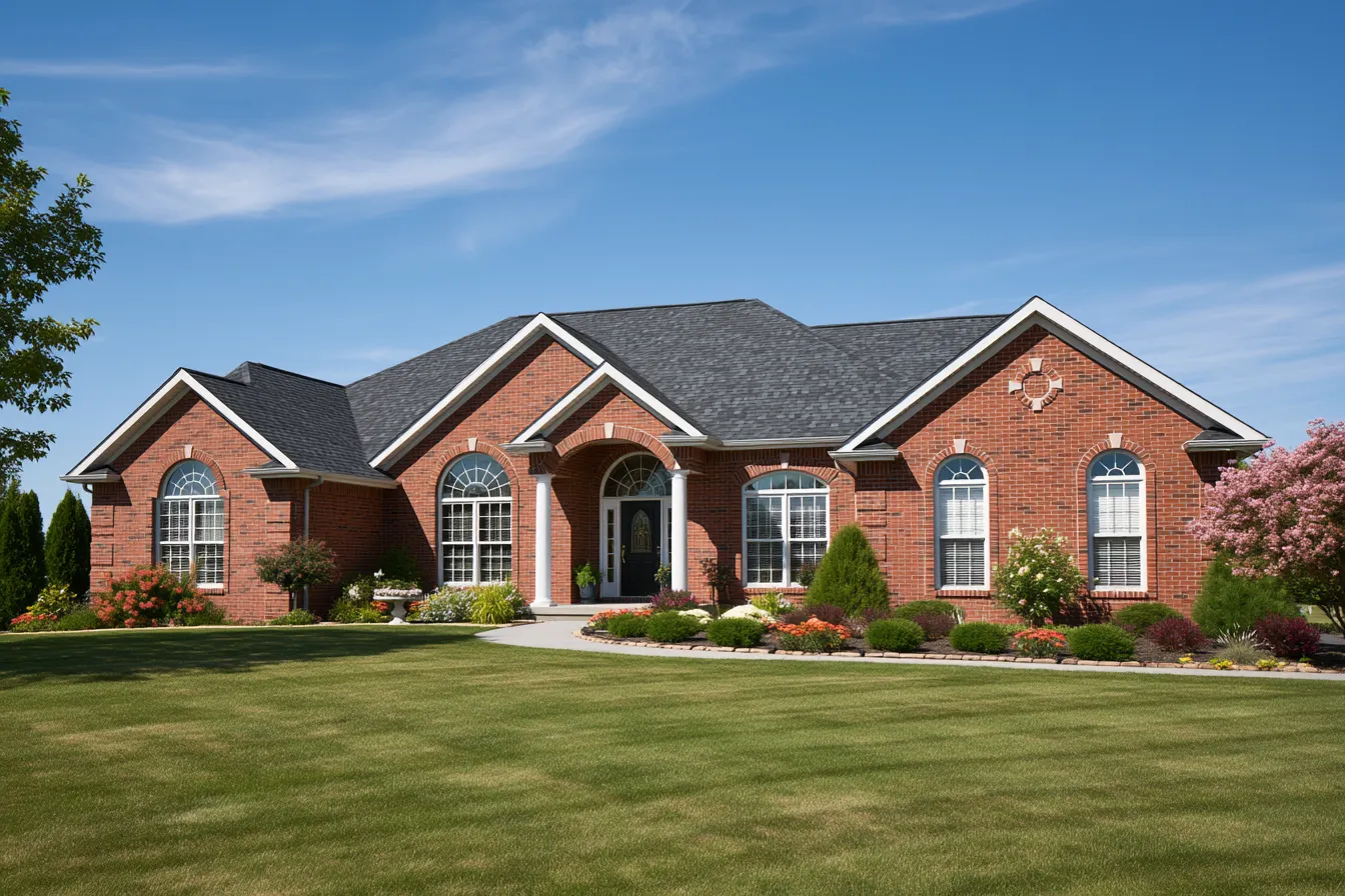 Dark gray shingles top this brick ranch home with several gables beneath a bright blue sky