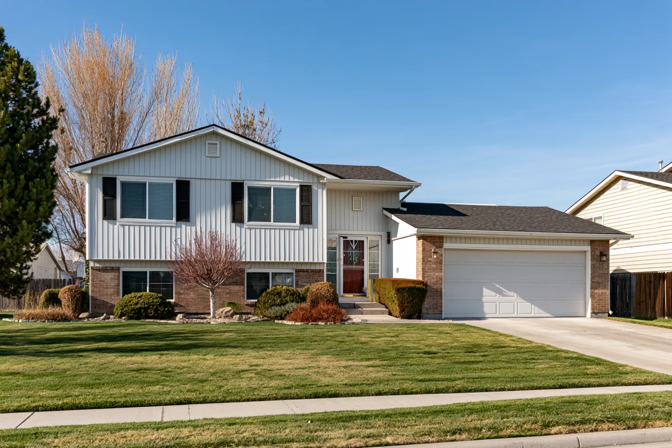 A split-level home with light siding and a brick lower level under a dark shingle roof