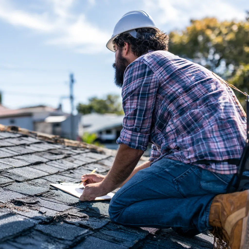 An inspector writes on a clipboard while kneeling on a shingle roof