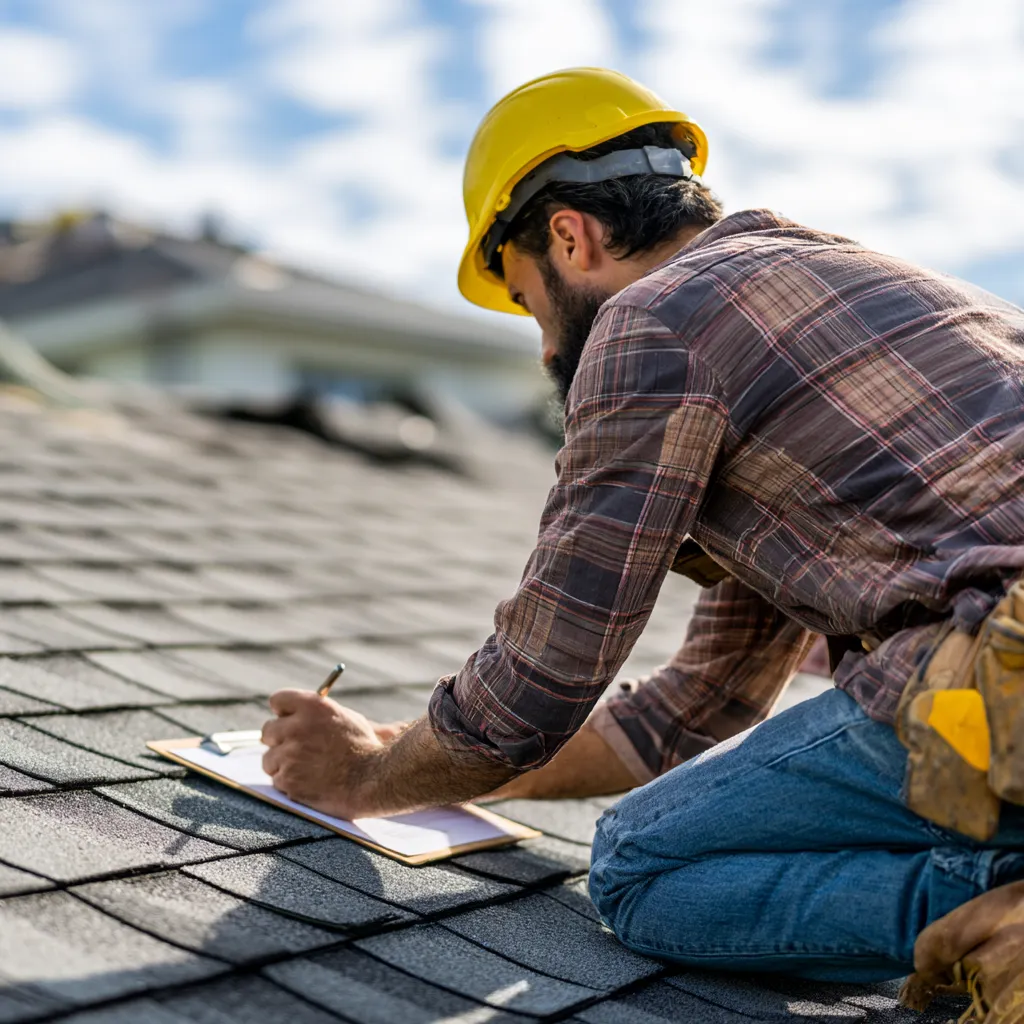 An inspector in a yellow hard hat taking notes on a roof