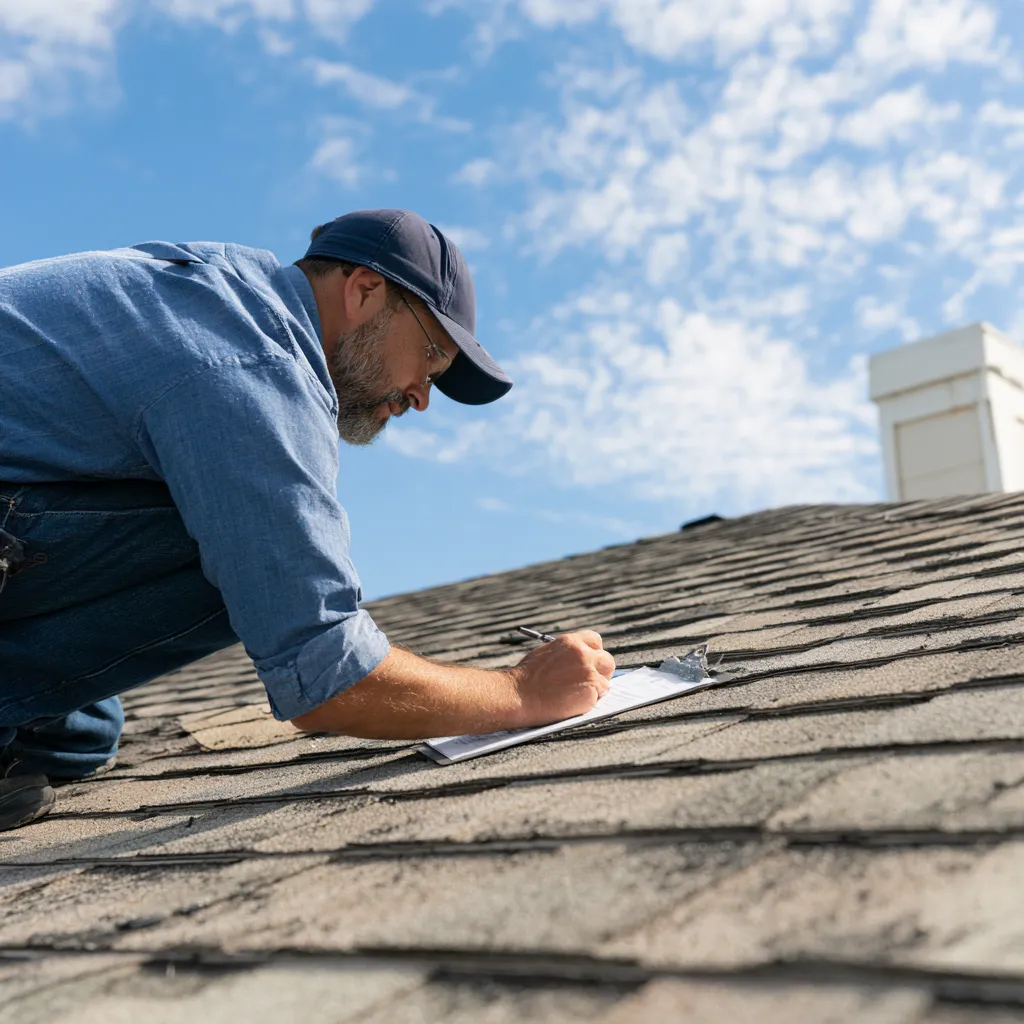 An inspector in a cap taking notes near a roof chimney
