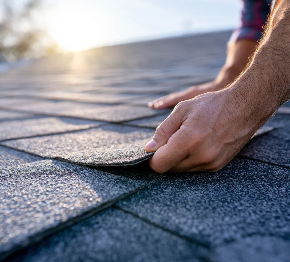 Shingle tab lifted by a roofer to check underneath