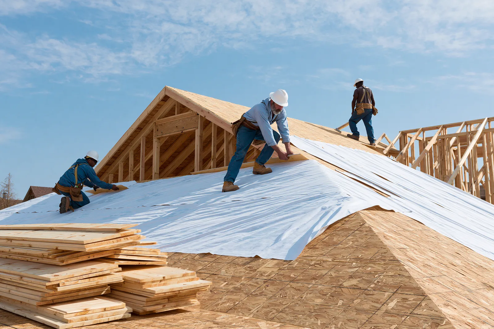 With lumber stacked below roofers roll underlayment over the roof decking