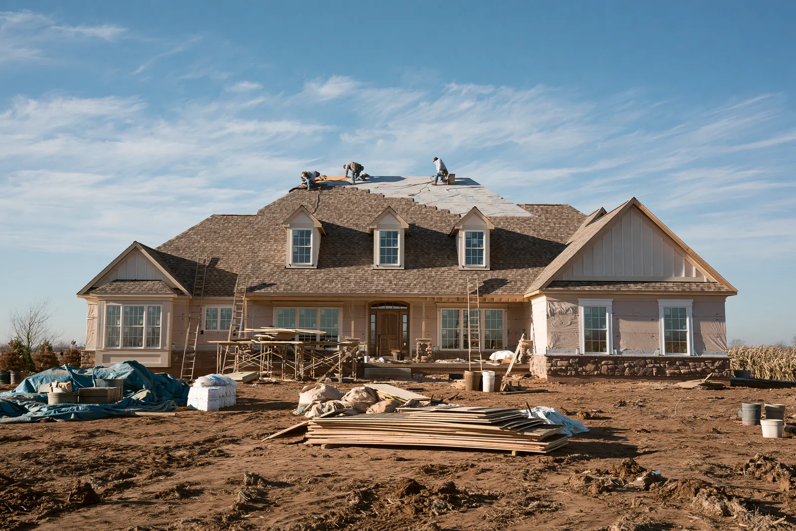 On a house under construction roofers install underlayment across the roof