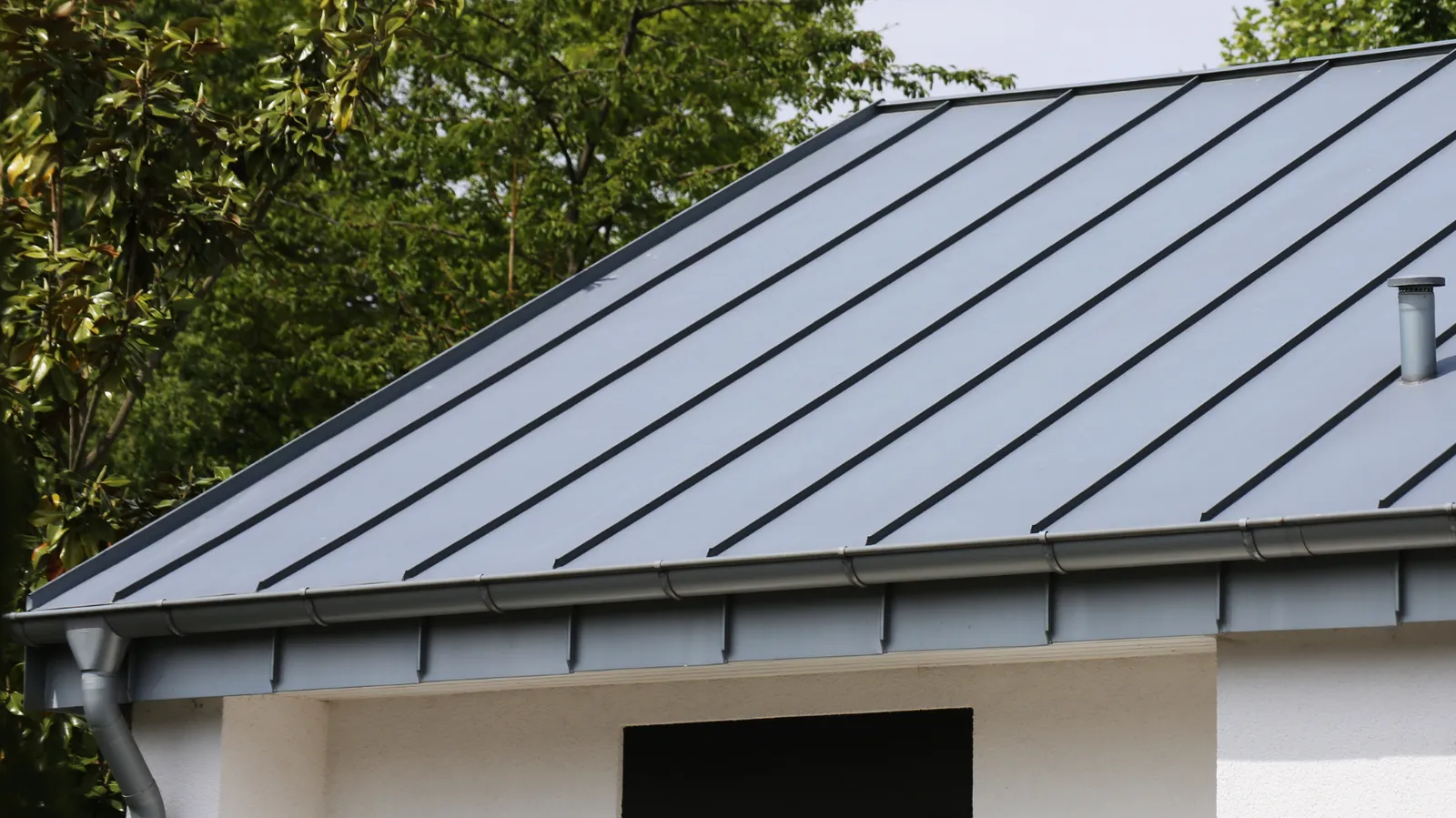 Trees near a gray standing seam metal roof with vent pipe