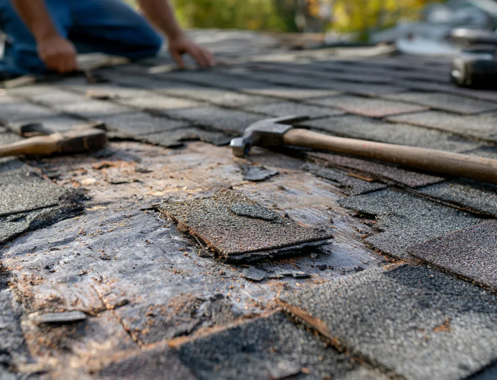 Hammer resting on worn shingles as a roofer works nearby