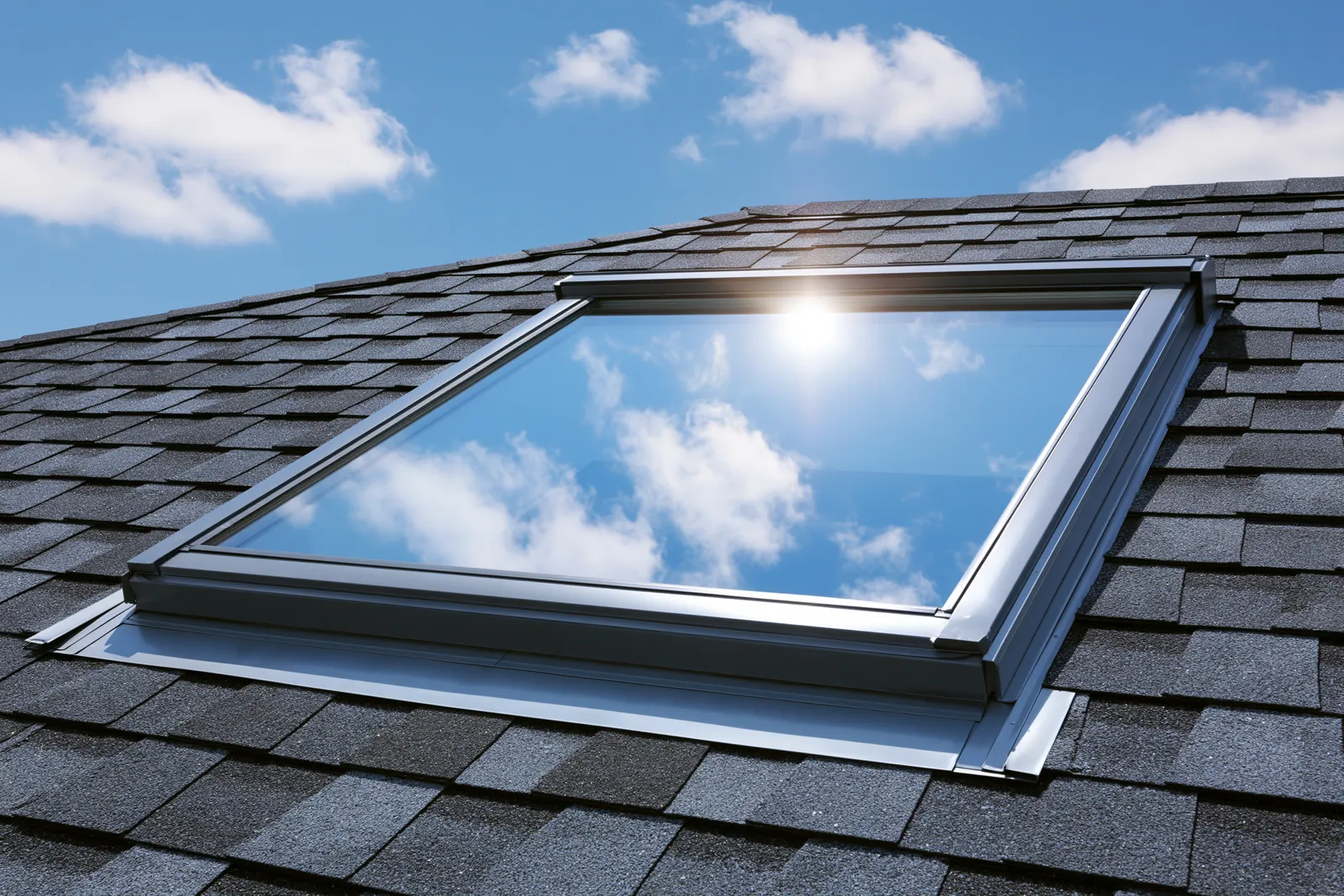 Clouds reflected in a skylight set into a dark shingle roof