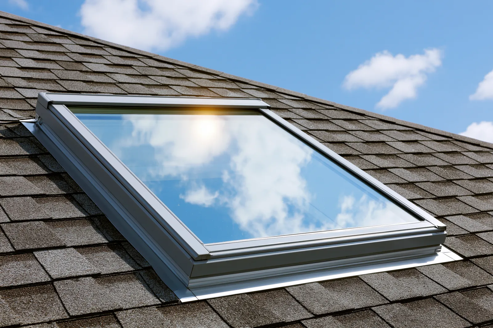Brown shingle roof fitted with a skylight and metal flashing