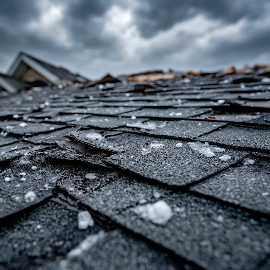 Hail resting on dark shingles with chipped edges under gray clouds