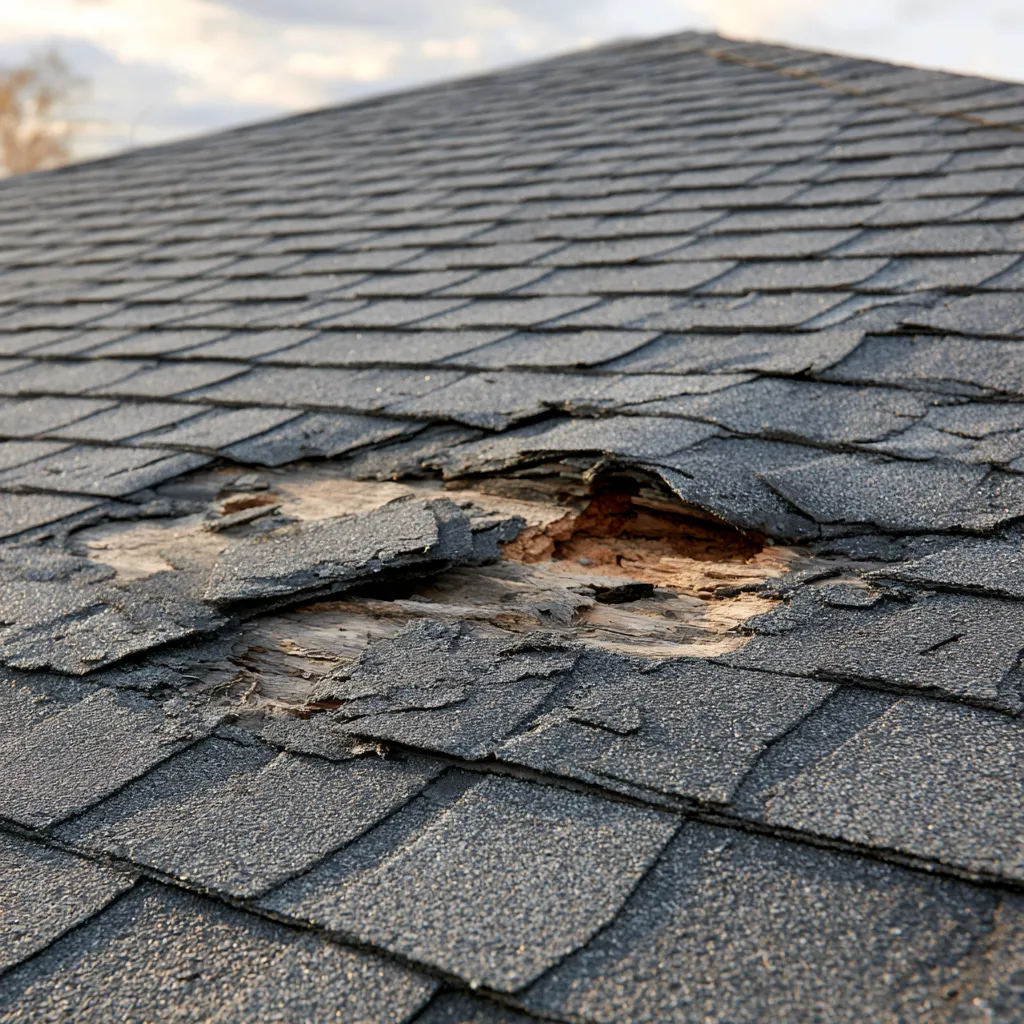 Splintered decking showing through a hole in dark shingles