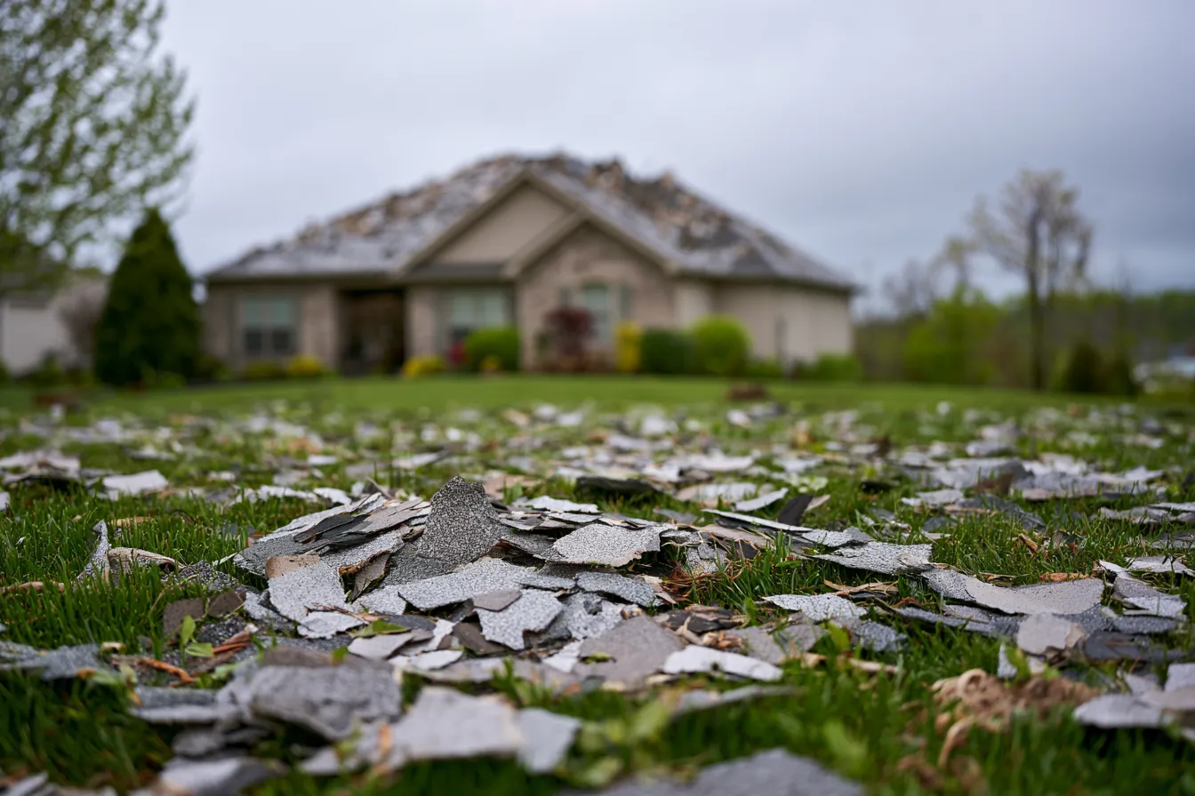 In front of a storm-damaged house roof broken shingle fragments cover the lawn
